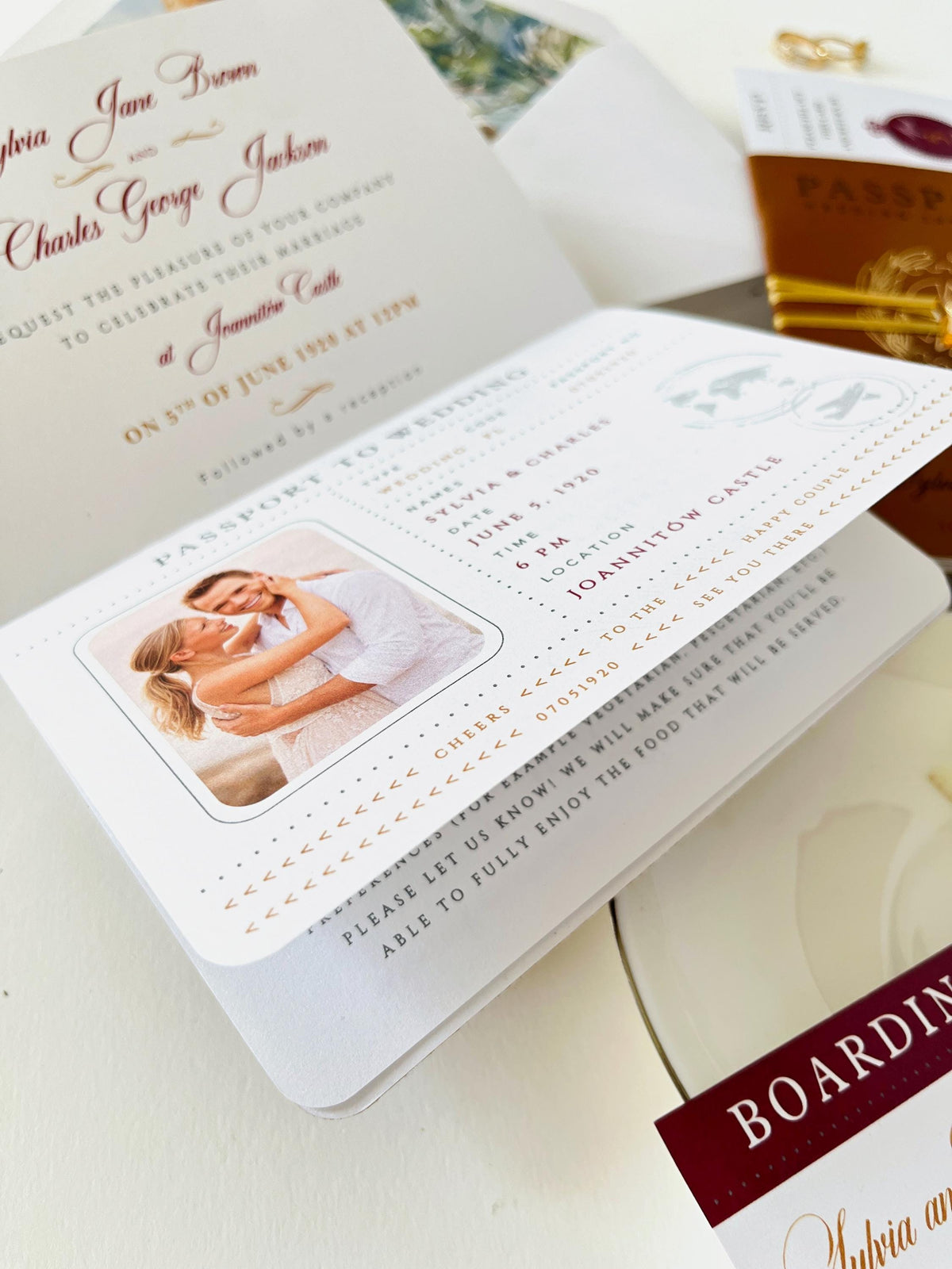 Luxury Vegan Leather Passport Wedding Invitation with Custom Venue Illustration | Destination Wedding