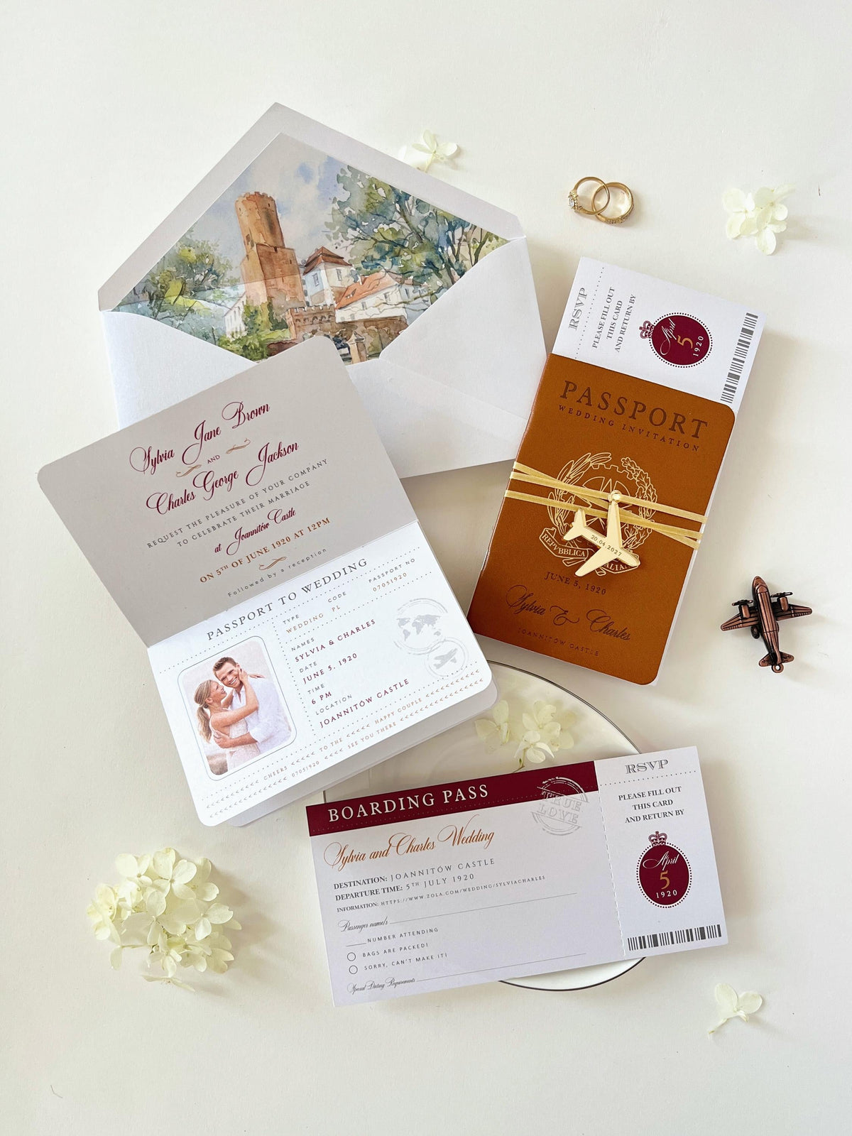 Luxury Vegan Leather Passport Wedding Invitation with Custom Venue Illustration | Destination Wedding