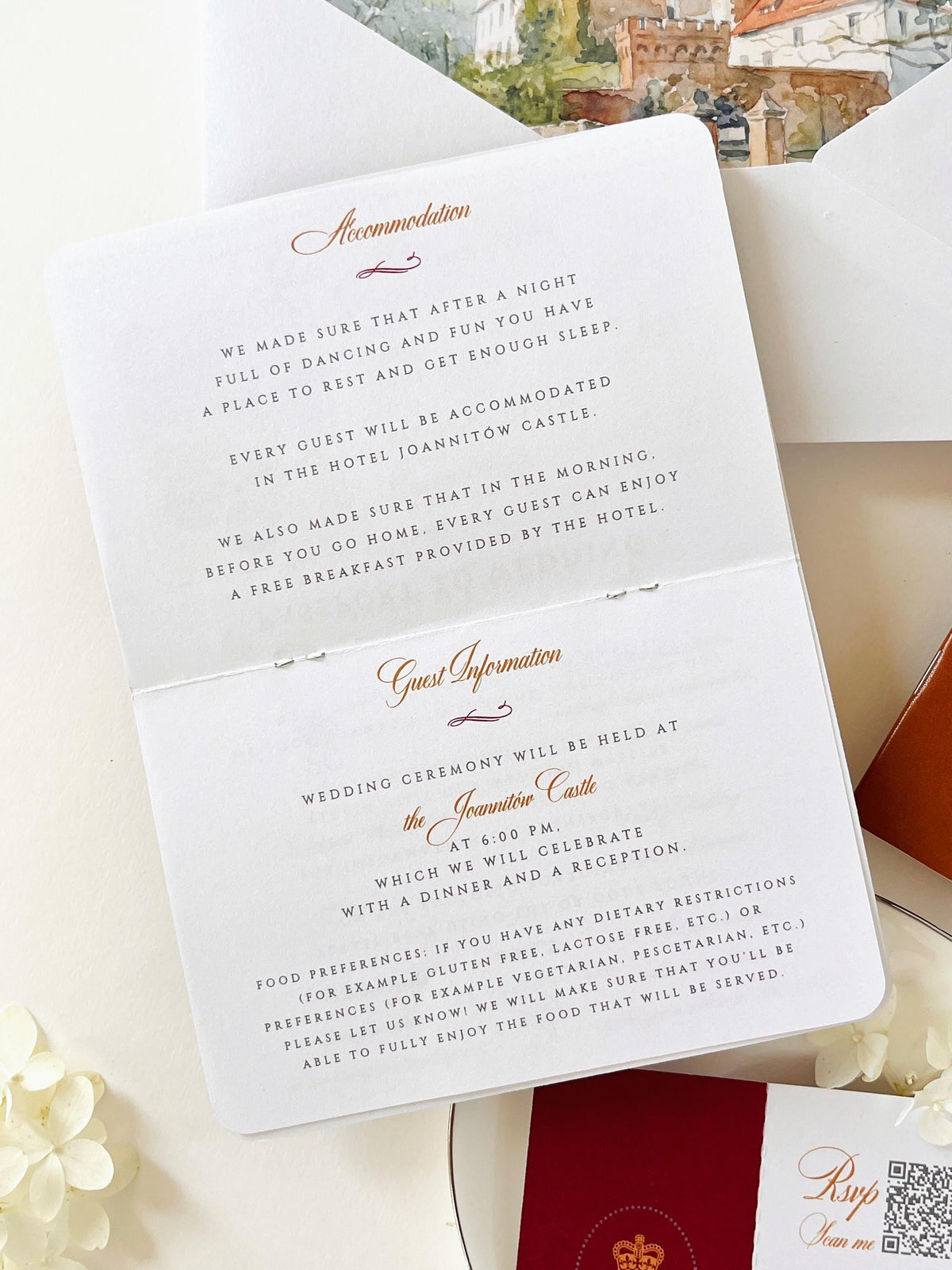 Luxury Vegan Leather Passport Wedding Invitation with Custom Venue Illustration | Destination Wedding