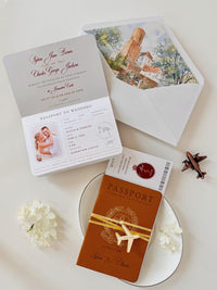 Luxury Vegan Leather Passport Wedding Invitation with Custom Venue Illustration | Destination Wedding
