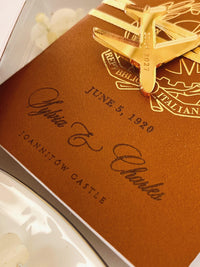 Luxury Vegan Leather Passport Wedding Invitation with Custom Venue Illustration | Destination Wedding