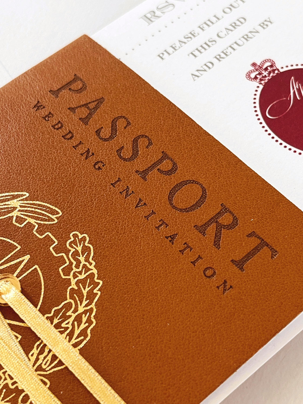 Luxury Vegan Leather Passport Wedding Invitation with Custom Venue Illustration | Destination Wedding