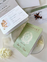 This wedding stationery suite features a sage green vegan leather passport invitation alongside a boarding pass RSVP card. The ensemble is completed by an elegant envelope lined with a custom watercolor illustration of the wedding venue's location.