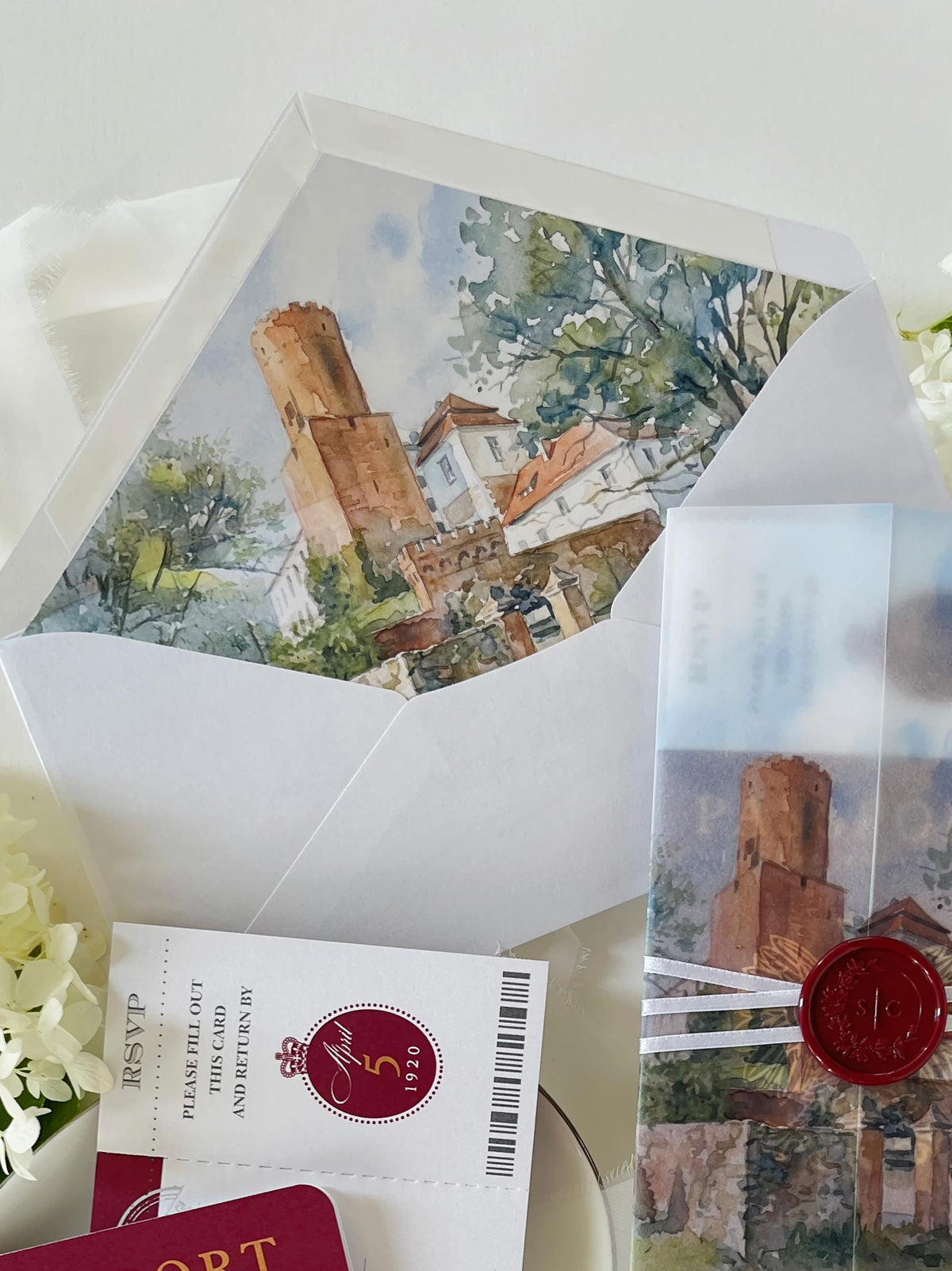 Burgundy Passport Wedding Invitations, Destination Wedding Invitation, Personalised Venue Watercolour, Travel Inspired Wedding Suite