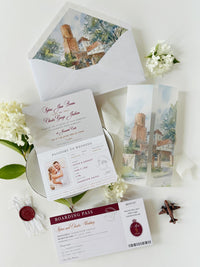 Burgundy Passport Wedding Invitations, Destination Wedding Invitation, Personalised Venue Watercolour, Travel Inspired Wedding Suite