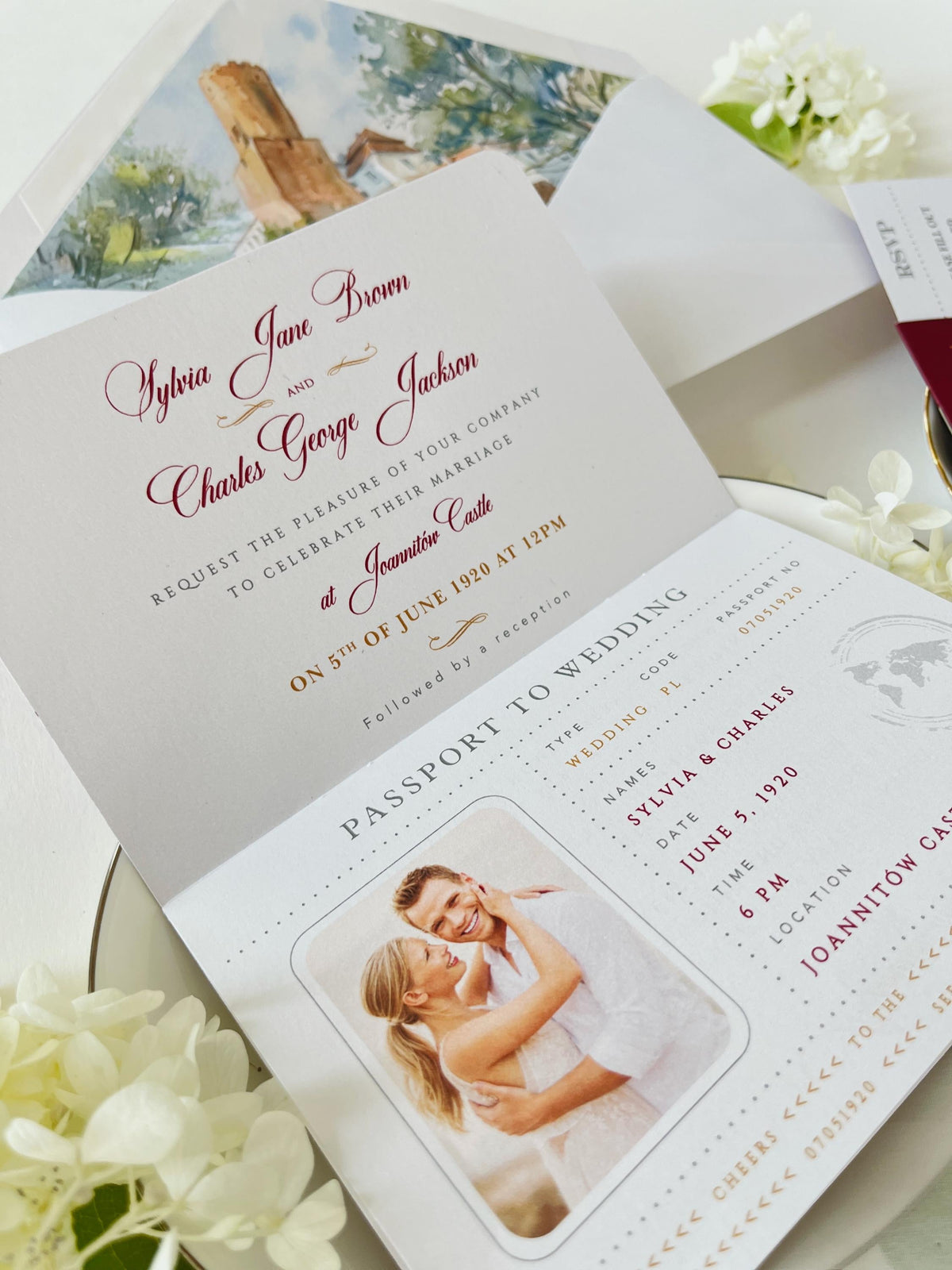 Burgundy Passport Wedding Invitations, Destination Wedding Invitation, Personalised Venue Watercolour, Travel Inspired Wedding Suite