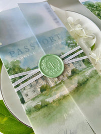 Sage Green Passport Wedding Invitation | Wedding Abroad | Travel Wedding Suite | Vellum Cover with Watercolour Venue | Boarding Pass