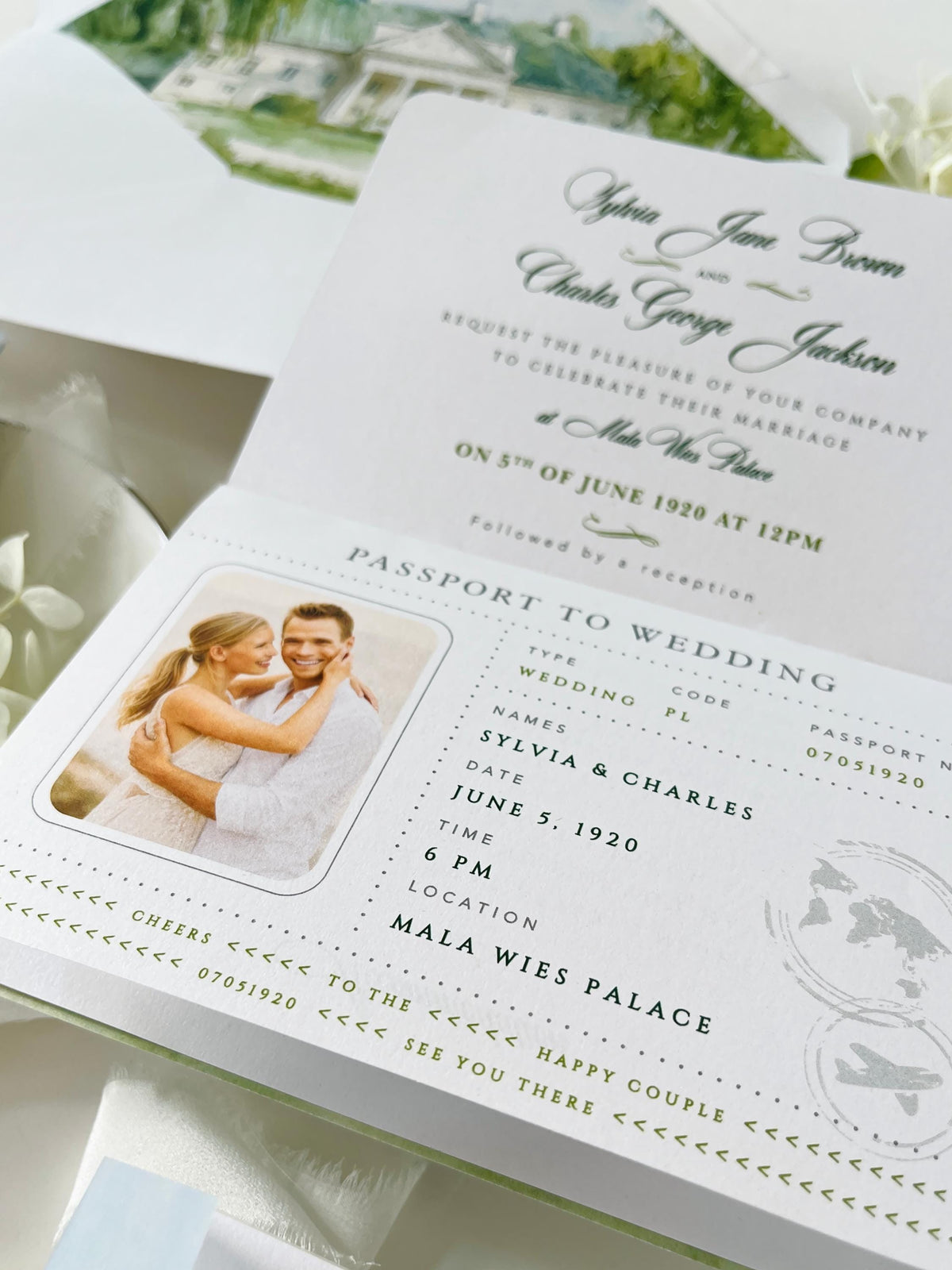 Sage Green Passport Wedding Invitation | Wedding Abroad | Travel Wedding Suite | Vellum Cover with Watercolour Venue | Boarding Pass