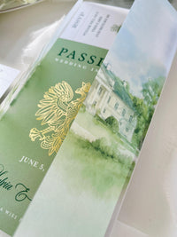 Sage Green Passport Wedding Invitation | Wedding Abroad | Travel Wedding Suite | Vellum Cover with Watercolour Venue | Boarding Pass
