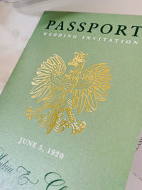 Sage Green Passport Wedding Invitation | Wedding Abroad | Travel Wedding Suite | Vellum Cover with Watercolour Venue | Boarding Pass