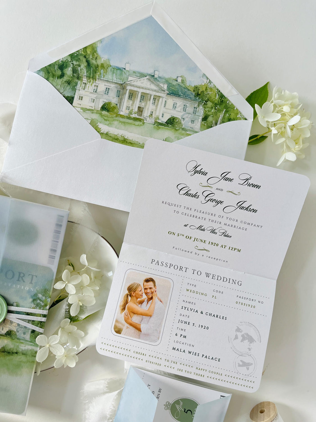Sage Green Passport Wedding Invitation | Wedding Abroad | Travel Wedding Suite | Vellum Cover with Watercolour Venue | Boarding Pass
