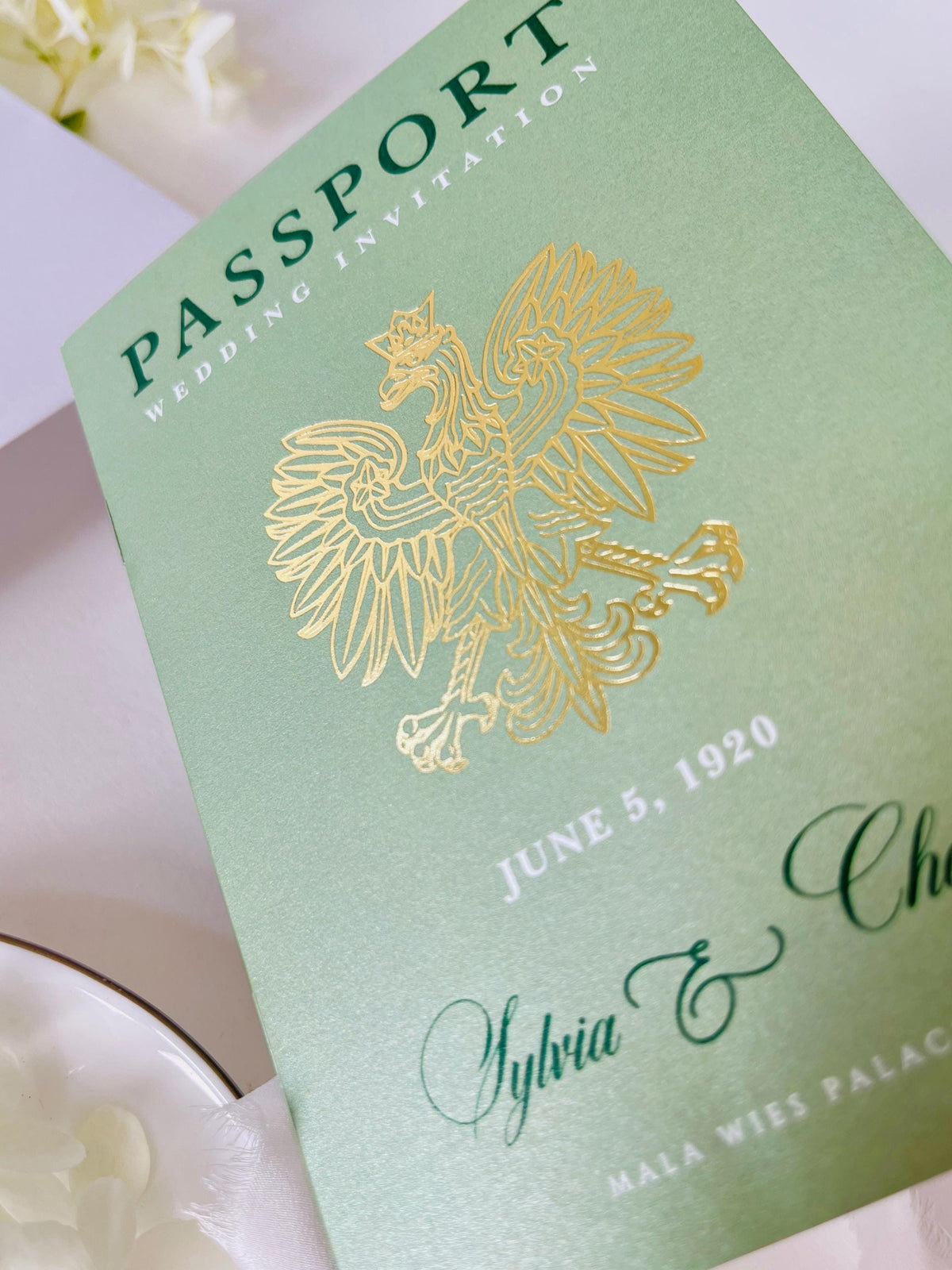 Sage Green Passport Wedding Invitation | Wedding Abroad | Travel Wedding Suite | Vellum Cover with Watercolour Venue | Boarding Pass