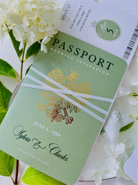 Sage Green Passport Wedding Invitation | Wedding Abroad | Travel Wedding Suite | Vellum Cover with Watercolour Venue | Boarding Pass