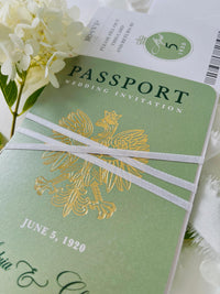 Sage Green Passport Wedding Invitation | Wedding Abroad | Travel Wedding Suite | Vellum Cover with Watercolour Venue | Boarding Pass