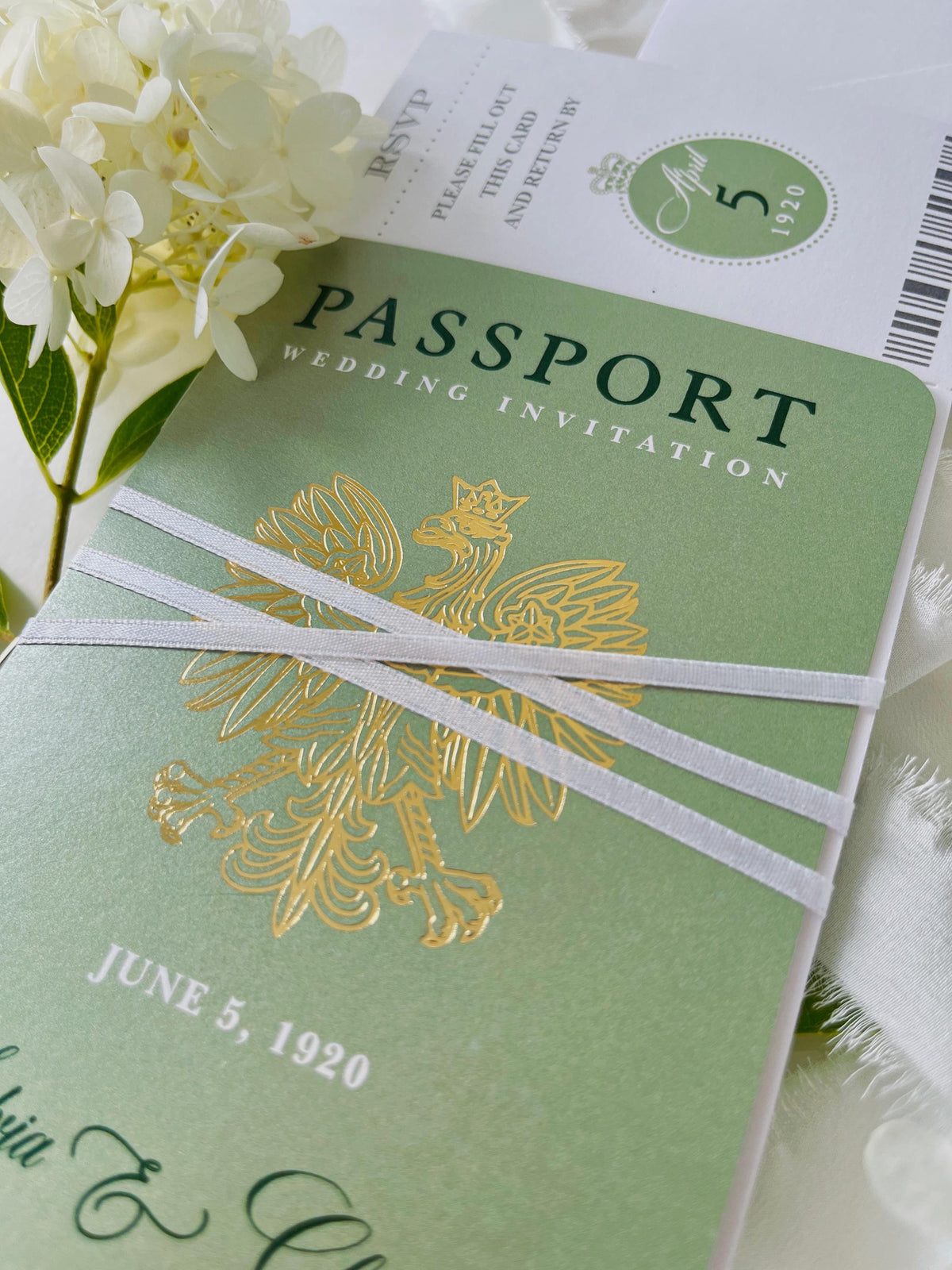 Sage Green Passport Wedding Invitation | Wedding Abroad | Travel Wedding Suite | Vellum Cover with Watercolour Venue | Boarding Pass