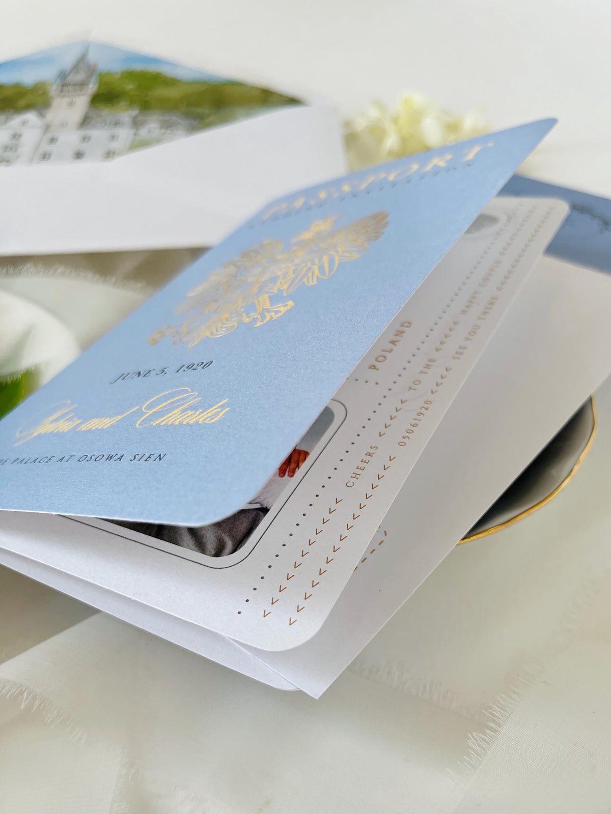 Personalised Blue Passport Wedding Invitation | Custom Vellum Watercolour Design | European Destination Wedding | Travel Wedding