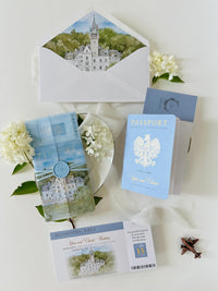 Personalised Blue Passport Wedding Invitation | Custom Vellum Watercolour Design | European Destination Wedding | Travel Wedding