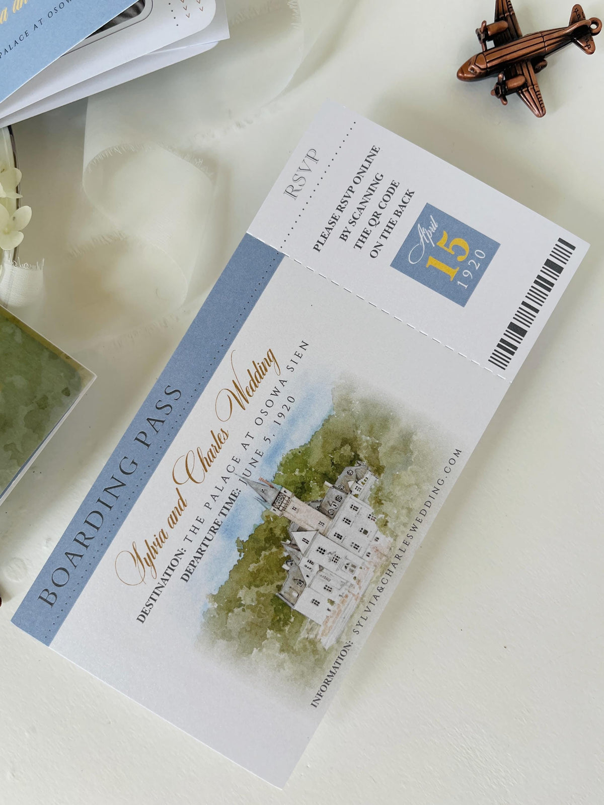 Personalised Blue Passport Wedding Invitation | Custom Vellum Watercolour Design | European Destination Wedding | Travel Wedding