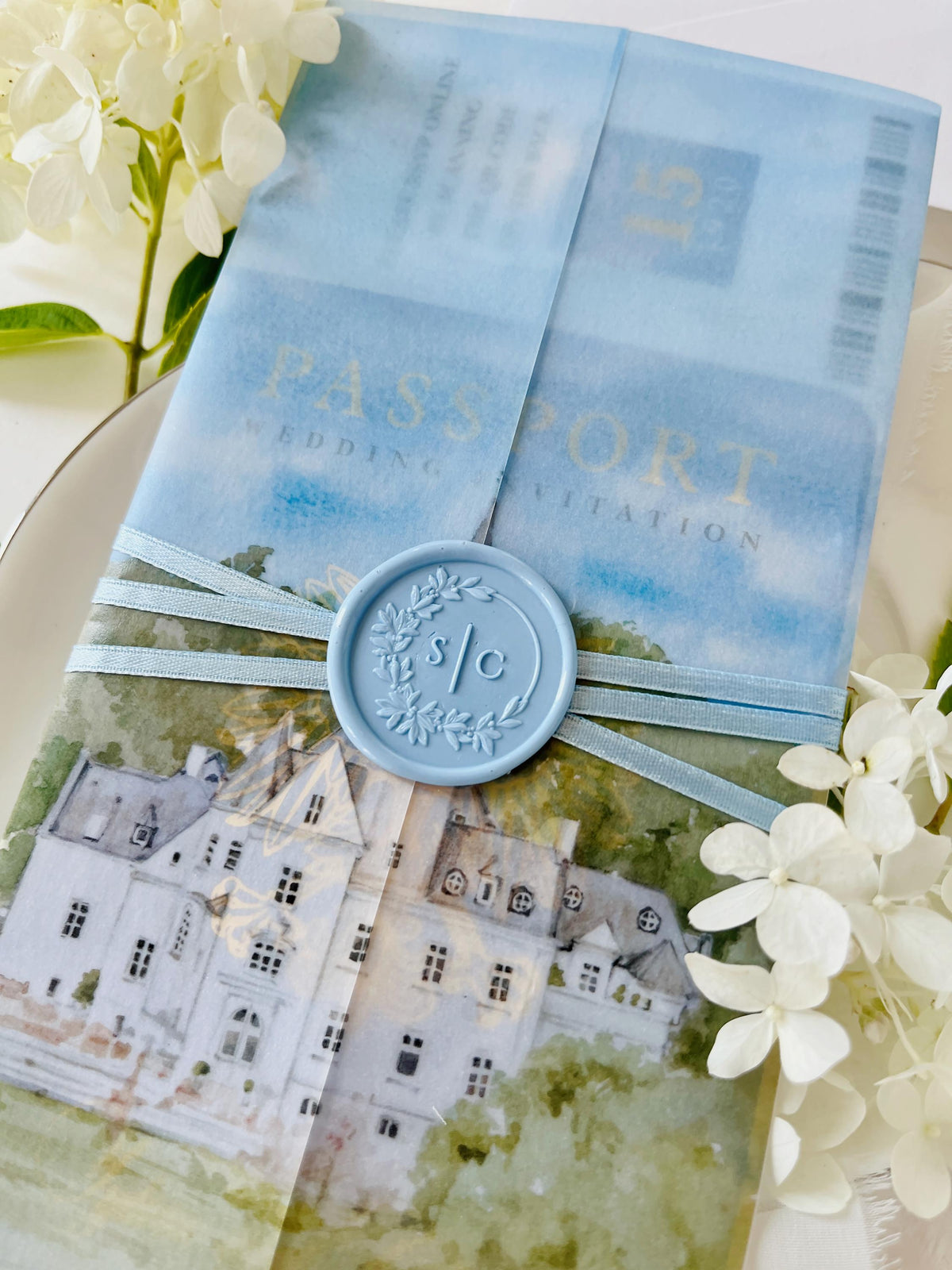 Personalised Blue Passport Wedding Invitation | Custom Vellum Watercolour Design | European Destination Wedding | Travel Wedding