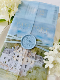 Personalised Blue Passport Wedding Invitation | Custom Vellum Watercolour Design | European Destination Wedding | Travel Wedding