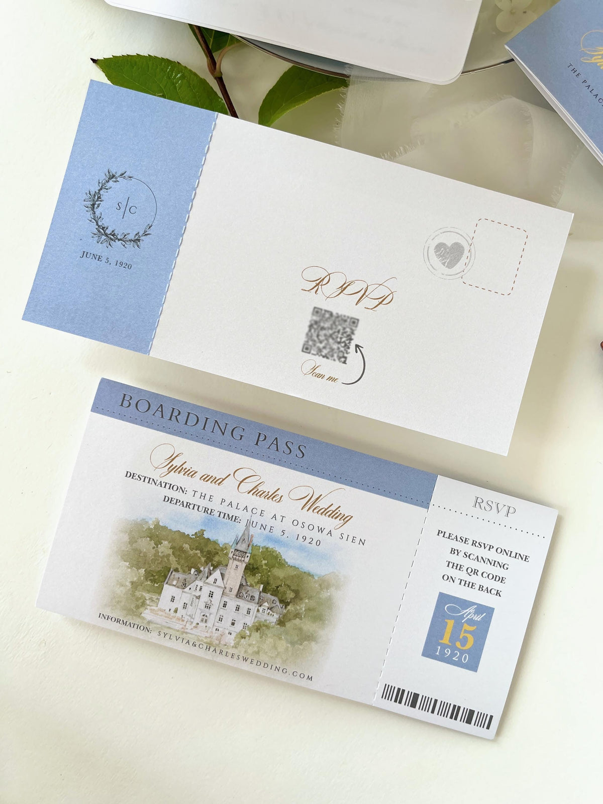 Personalised Blue Passport Wedding Invitation | Custom Vellum Watercolour Design | European Destination Wedding | Travel Wedding