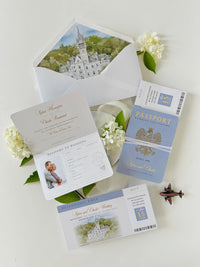 Personalised Blue Passport Wedding Invitation | Custom Vellum Watercolour Design | European Destination Wedding | Travel Wedding