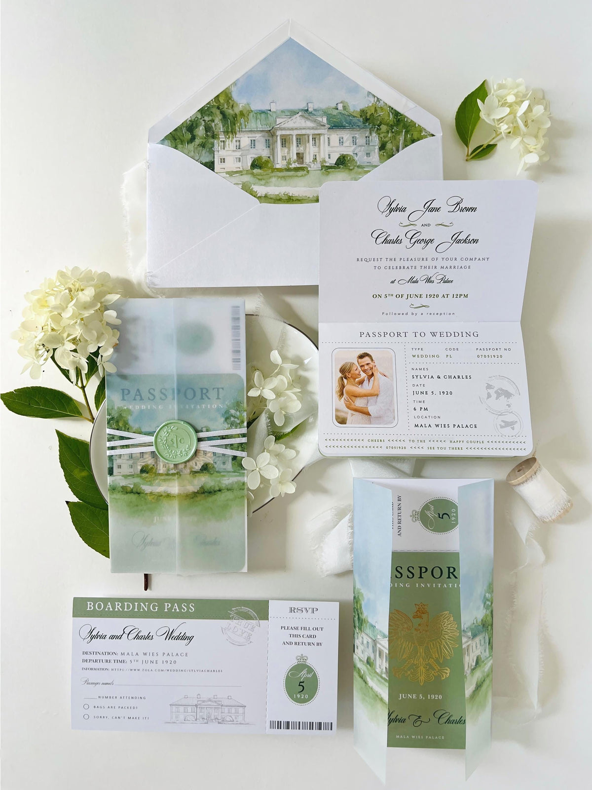 Sage Green Passport Wedding Invitation | Wedding Abroad | Travel Wedding Suite | Vellum Cover with Watercolour Venue | Boarding Pass