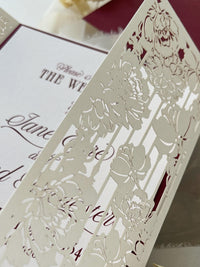 Burgundy Wedding Invitation, Laser Cut Gatefold Wedding Invite, Chateau Wedding Invitation, Custom Watercolour Venue