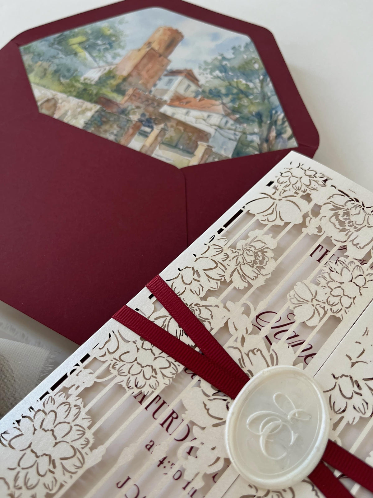 Burgundy Wedding Invitation, Laser Cut Gatefold Wedding Invite, Chateau Wedding Invitation, Custom Watercolour Venue