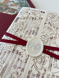 Burgundy Wedding Invitation, Laser Cut Gatefold Wedding Invite, Chateau Wedding Invitation, Custom Watercolour Venue