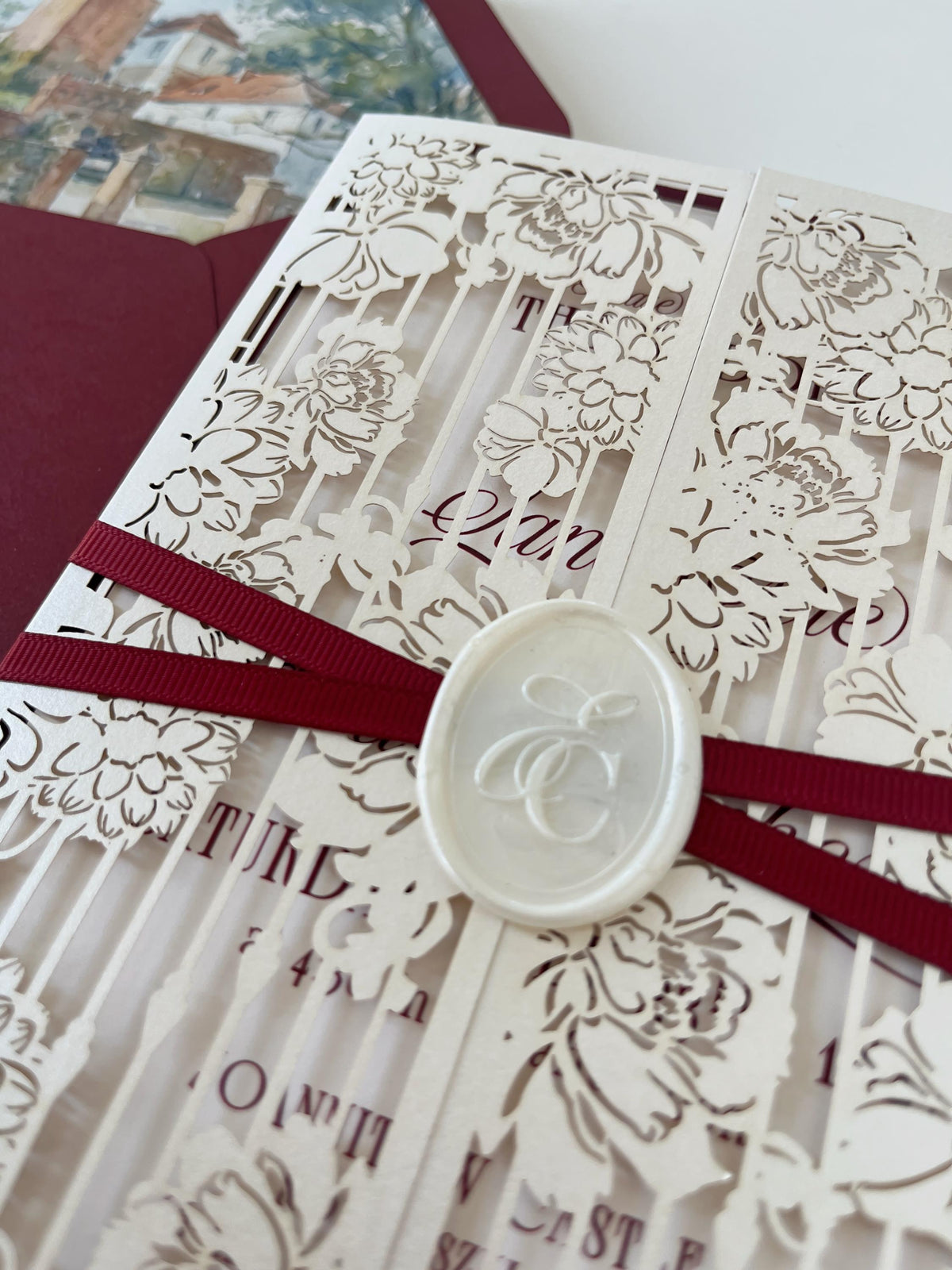 Burgundy Wedding Invitation, Laser Cut Gatefold Wedding Invite, Chateau Wedding Invitation, Custom Watercolour Venue