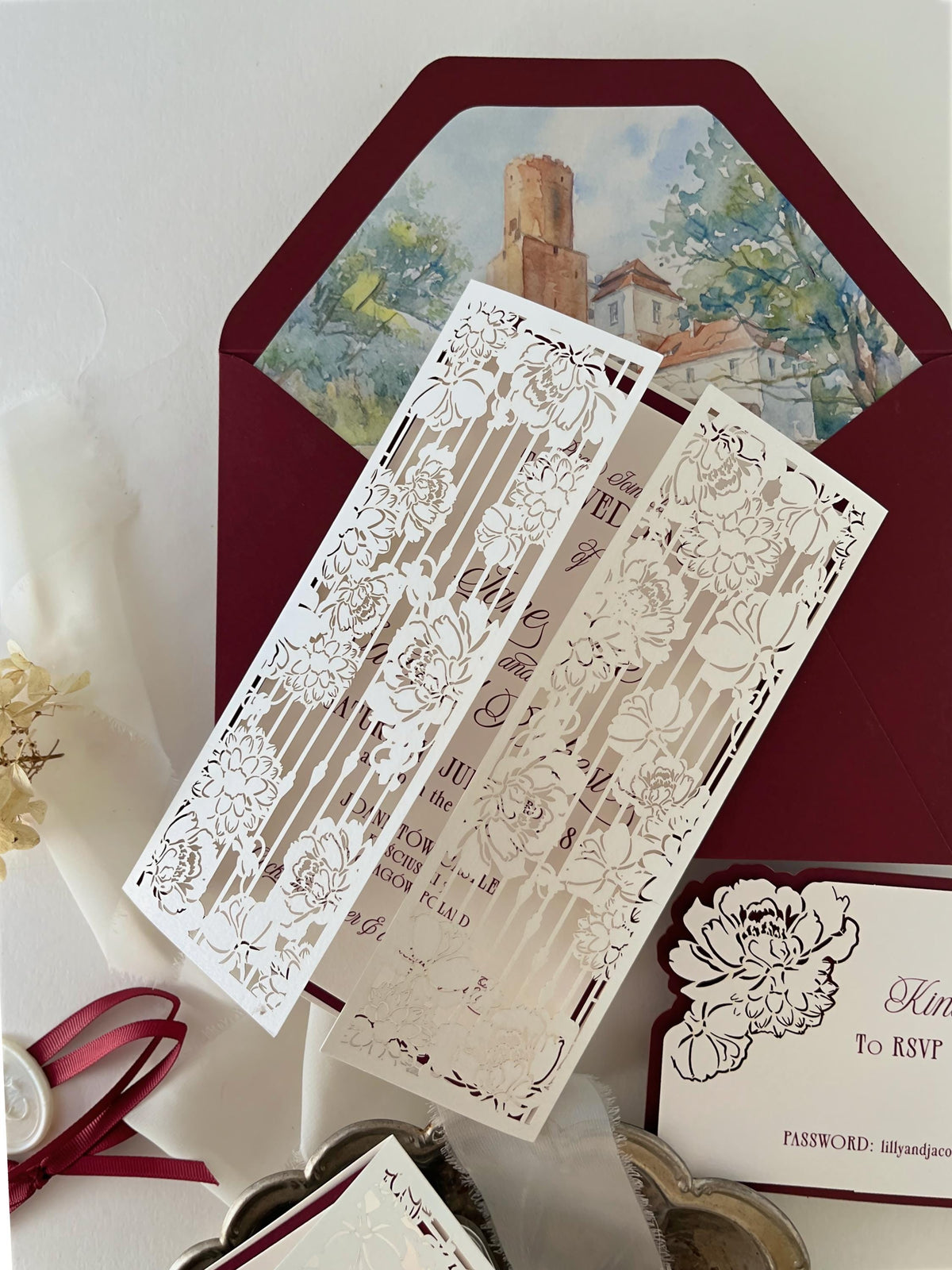 Burgundy Wedding Invitation, Laser Cut Gatefold Wedding Invite, Chateau Wedding Invitation, Custom Watercolour Venue