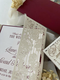 Burgundy Wedding Invitation, Laser Cut Gatefold Wedding Invite, Chateau Wedding Invitation, Custom Watercolour Venue