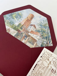 Burgundy Wedding Invitation, Laser Cut Gatefold Wedding Invite, Chateau Wedding Invitation, Custom Watercolour Venue