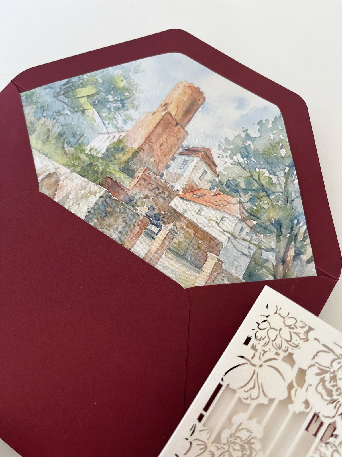 Burgundy Wedding Invitation, Laser Cut Gatefold Wedding Invite, Chateau Wedding Invitation, Custom Watercolour Venue
