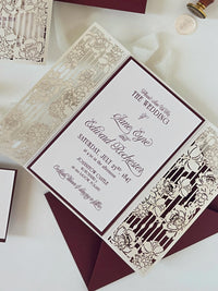 Burgundy Wedding Invitation, Laser Cut Gatefold Wedding Invite, Chateau Wedding Invitation, Custom Watercolour Venue