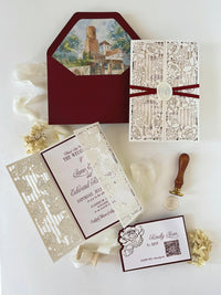 Burgundy Wedding Invitation, Laser Cut Gatefold Wedding Invite, Chateau Wedding Invitation, Custom Watercolour Venue