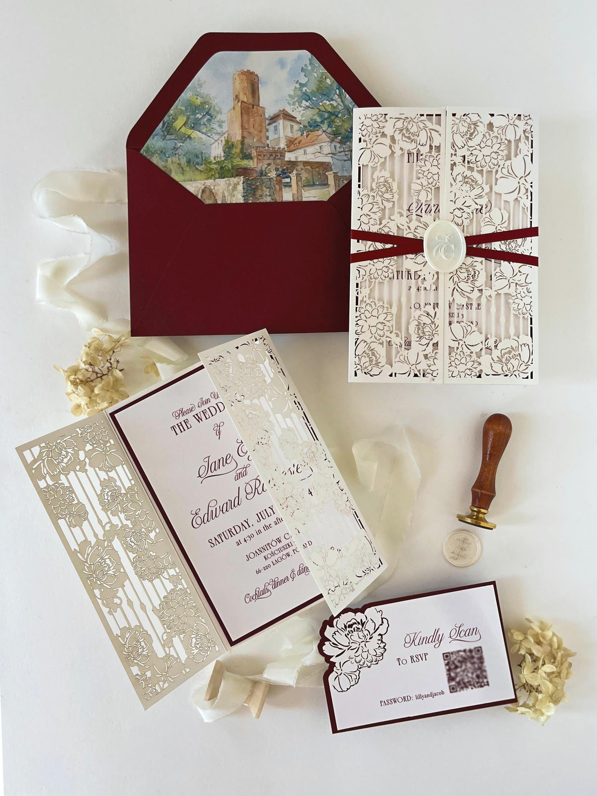 Burgundy Wedding Invitation, Laser Cut Gatefold Wedding Invite, Chateau Wedding Invitation, Custom Watercolour Venue