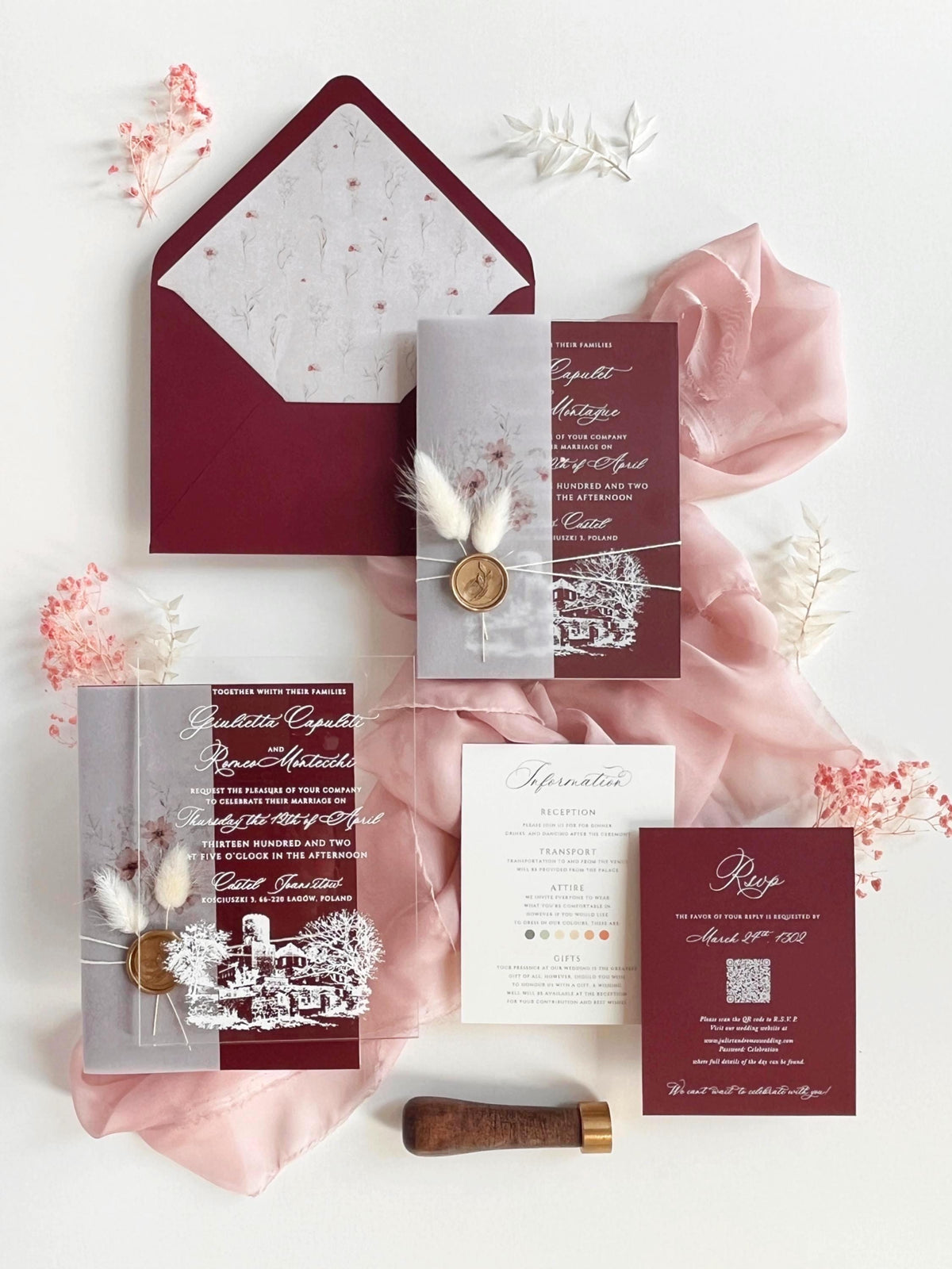 Burgundy Acrylic Wedding Invitation Suite with Venue Sketch, Vellum Wrap, Wax Seal & Real Dried Botanicals | Joannitów Castle