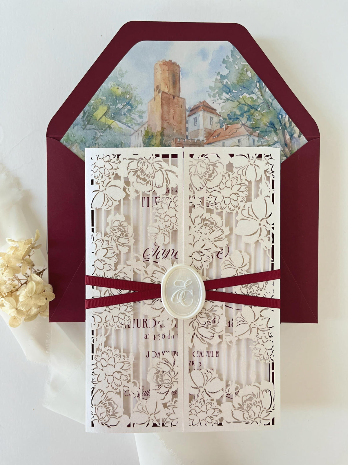 Burgundy Wedding Invitation, Laser Cut Gatefold Wedding Invite, Chateau Wedding Invitation, Custom Watercolour Venue