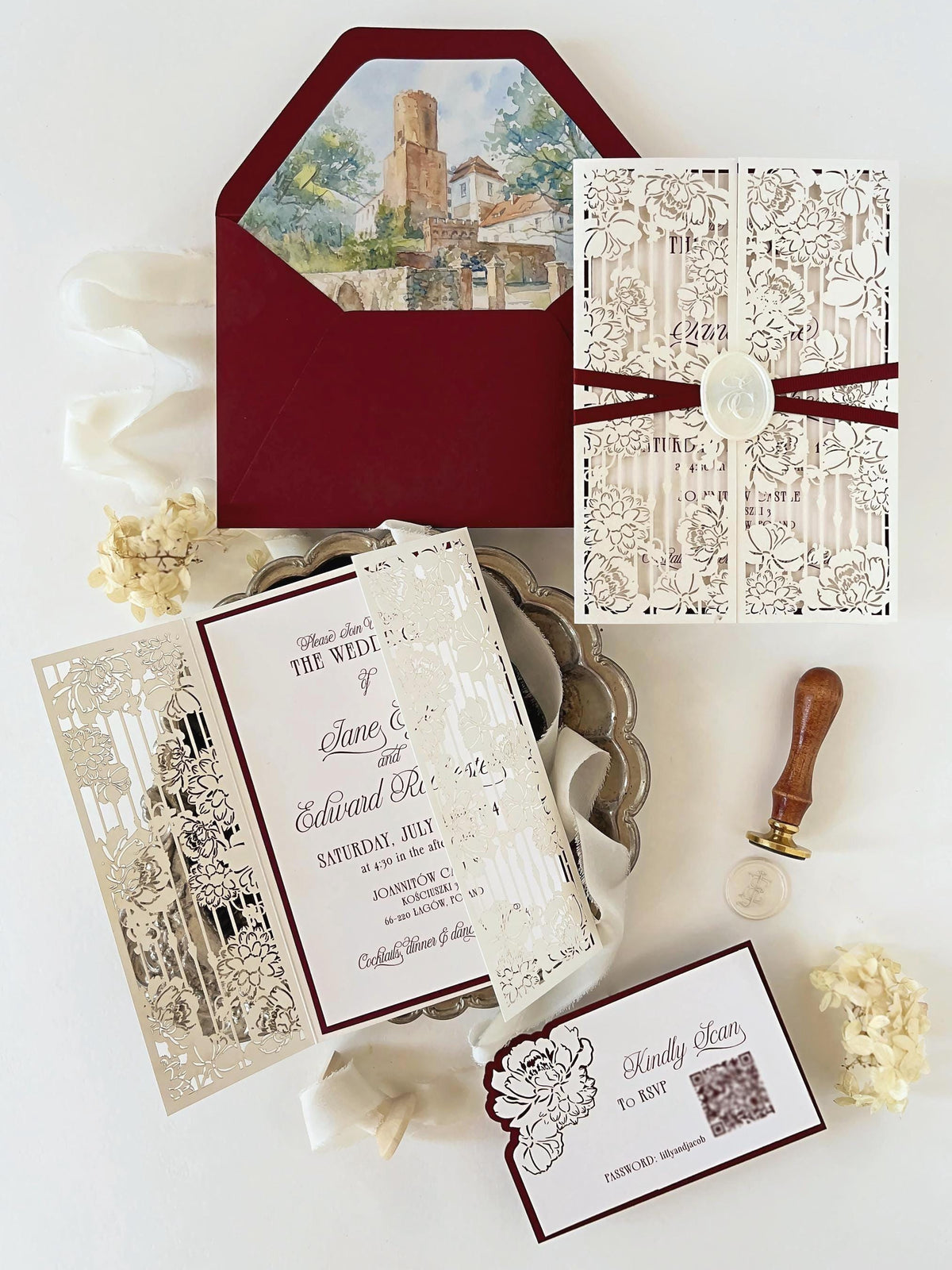 Burgundy Wedding Invitation, Laser Cut Gatefold Wedding Invite, Chateau Wedding Invitation, Custom Watercolour Venue