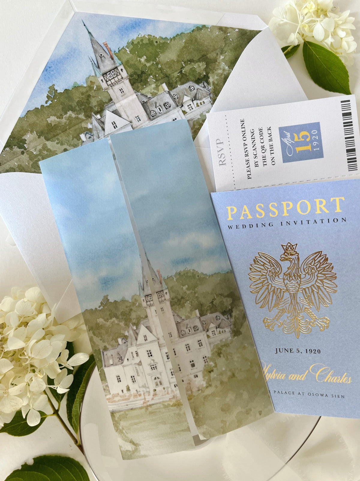 Personalised Blue Passport Wedding Invitation | Custom Vellum Watercolour Design | European Destination Wedding | Travel Wedding