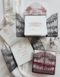 Personalised Laser Cut Wedding Invitation Suite, Gold Foil Invitations, Custom Venue Sketch, Elegant Gatefold Wedding Invitation