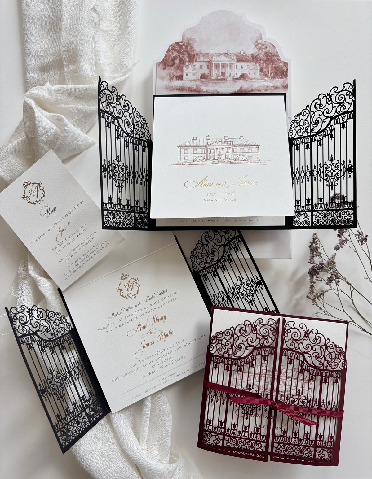 Personalised Laser Cut Wedding Invitation Suite, Gold Foil Invitations, Custom Venue Sketch, Elegant Gatefold Wedding Invitation
