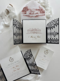 Personalised Laser Cut Wedding Invitation Suite, Gold Foil Invitations, Custom Venue Sketch, Elegant Gatefold Wedding Invitation