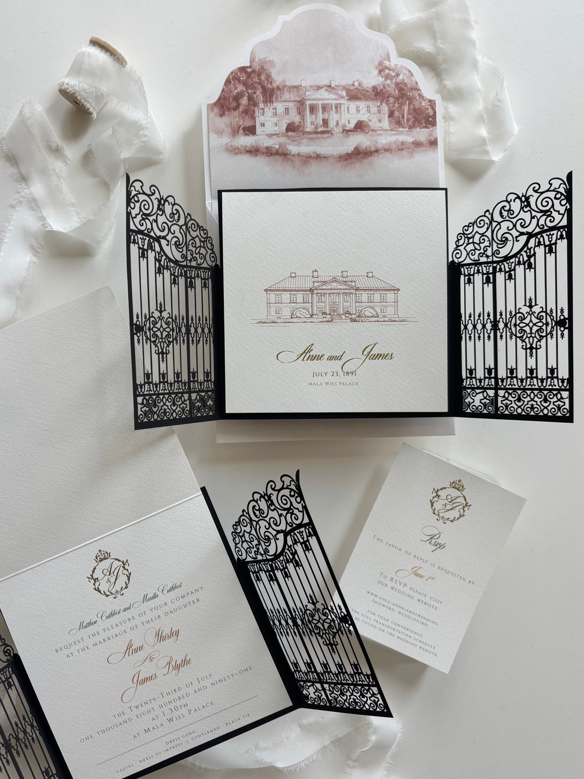 Personalised Laser Cut Wedding Invitation Suite, Gold Foil Invitations, Custom Venue Sketch, Elegant Gatefold Wedding Invitation