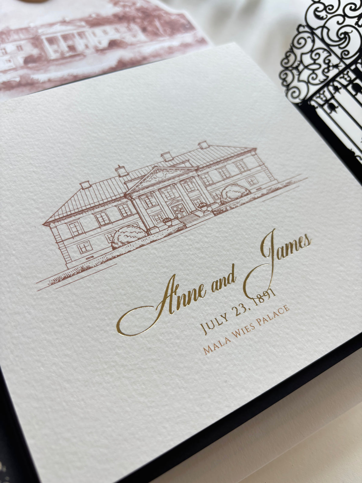 Personalised Laser Cut Wedding Invitation Suite, Gold Foil Invitations, Custom Venue Sketch, Elegant Gatefold Wedding Invitation