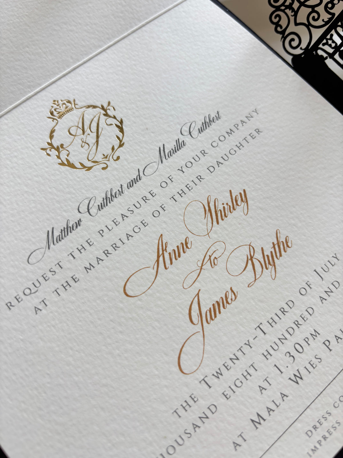 Personalised Laser Cut Wedding Invitation Suite, Gold Foil Invitations, Custom Venue Sketch, Elegant Gatefold Wedding Invitation