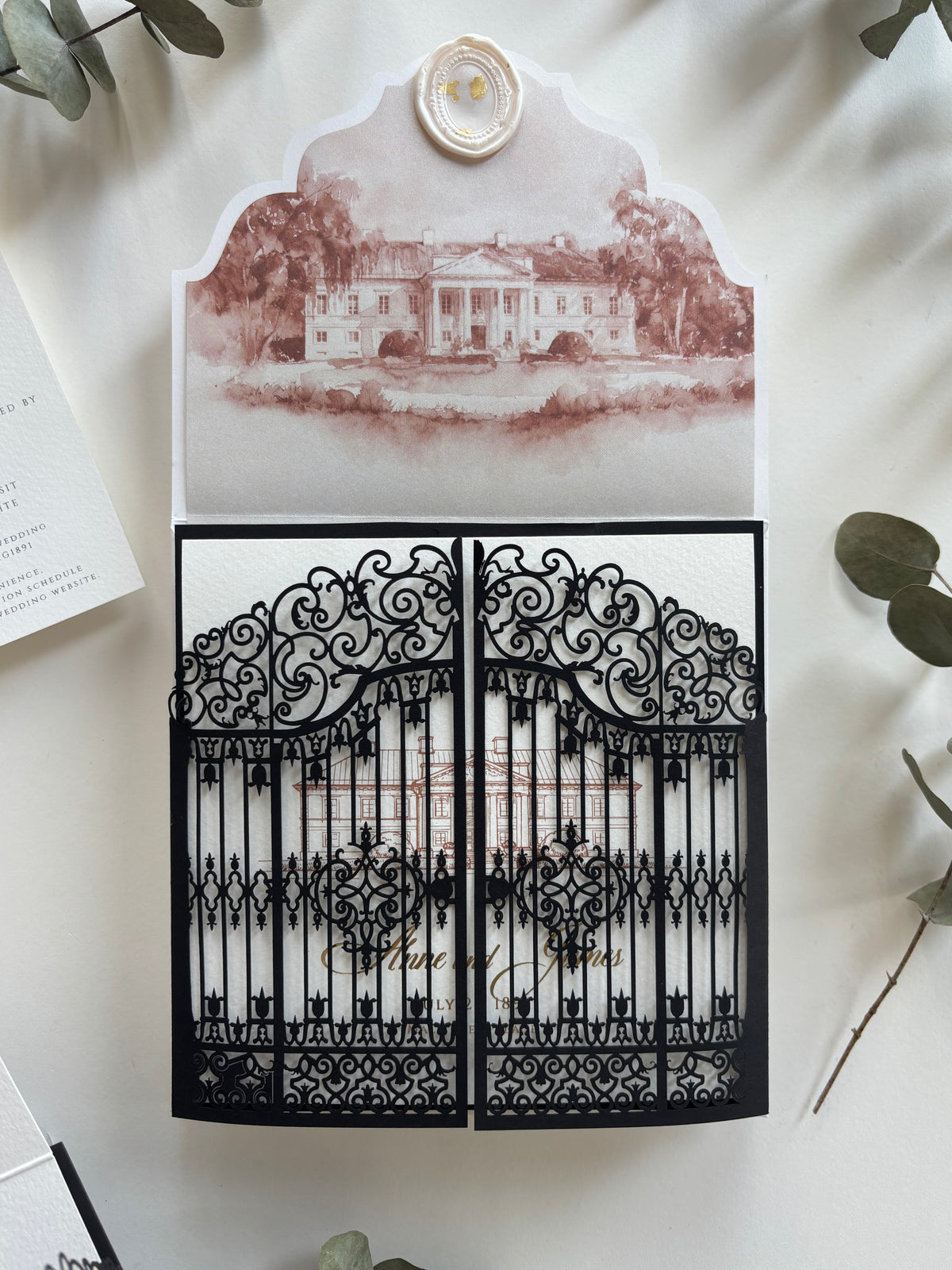 Personalised Laser Cut Wedding Invitation Suite, Gold Foil Invitations, Custom Venue Sketch, Elegant Gatefold Wedding Invitation