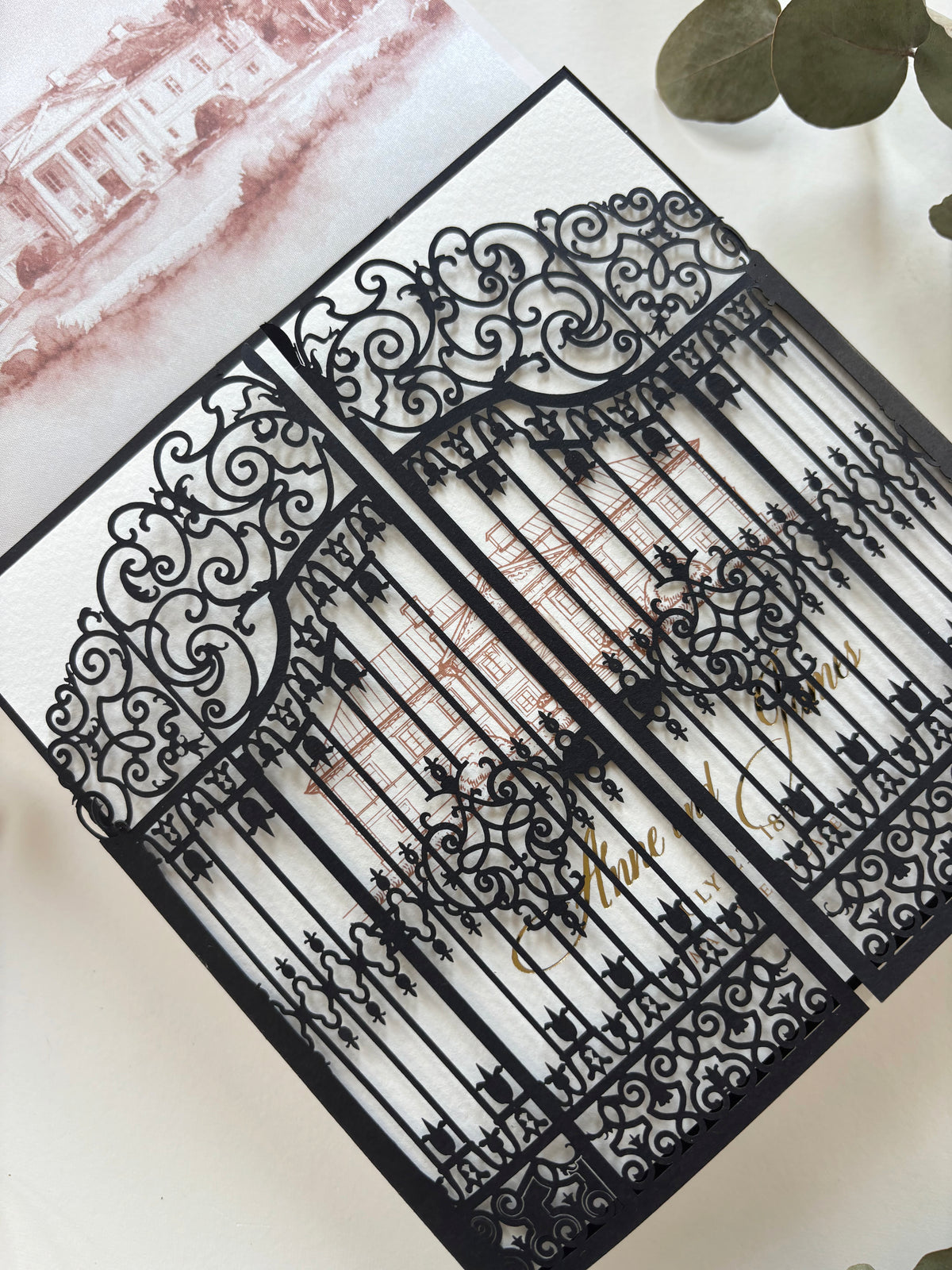 Personalised Laser Cut Wedding Invitation Suite, Gold Foil Invitations, Custom Venue Sketch, Elegant Gatefold Wedding Invitation